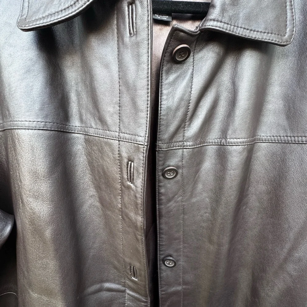 Leather Brown Button-Front Coat size 2X - Picture 10 of 12